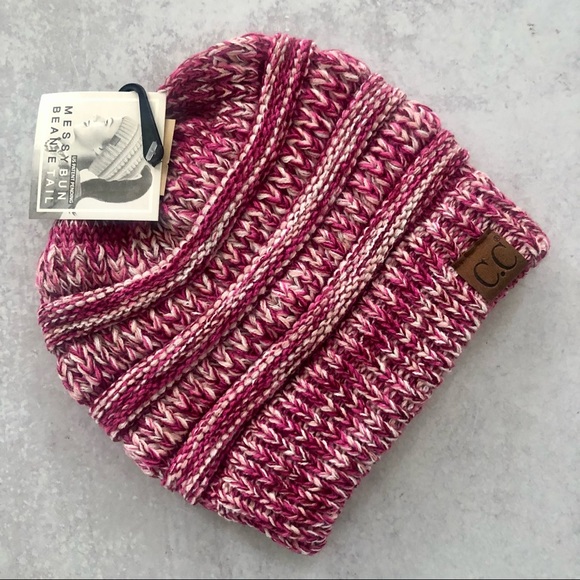 C.C Soft Stretch Cable Knit Messie Bun Beanie Tail Hat in Pink NWT - Picture 4 of 7